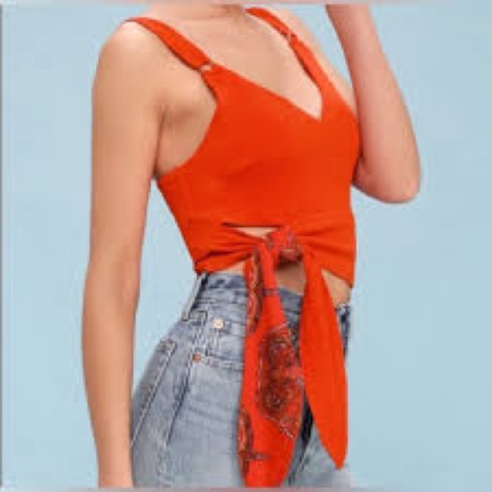 Free People Paisley Pop Vivid Red Orange Tie-Front Tank Top